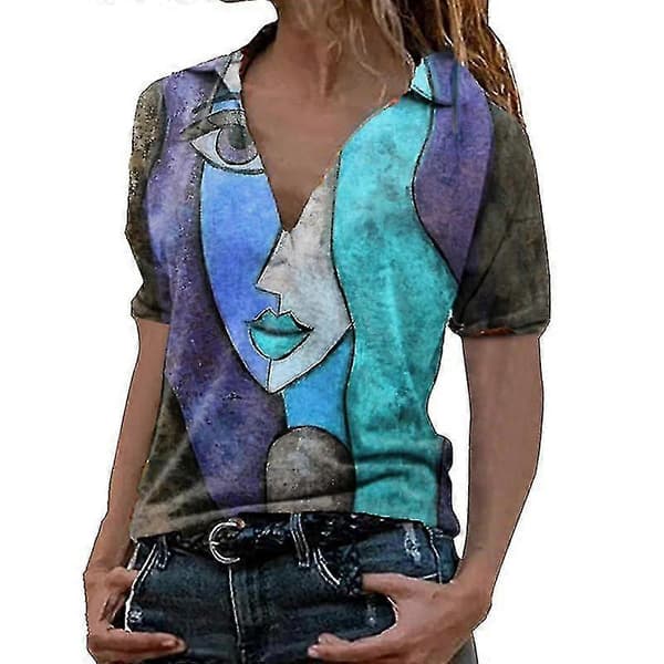 Dame Picasso Dreams V-hals kortærmet bluse med print, afslappet pullover, rundhalset sweatshirt Blue M
