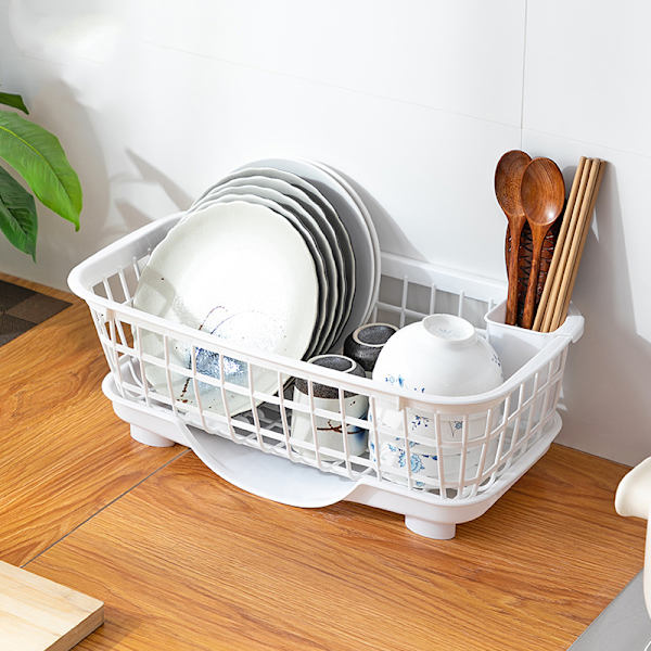 Oppvaskstativ Rask drenering Avtakbar bunn Dreneringsbrett Design Sterk plast Oppvaskstativ for bestikk Spisepinner Hvit