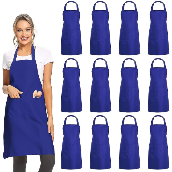 12-pack enkla haklappsförkläden med 2 fickor - blå unisex kommersiellt förkläde Bulk för kök Matlagning Restaurang Grillmålning Hantverk Blue