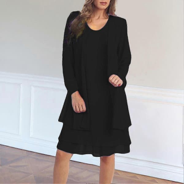 Chiffon kjolefrakke kompatibel med fest - Plus Size afslappet pasform sæt Black