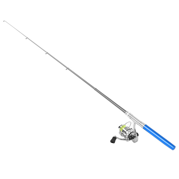Portabel Mini Pen Shape Fiskespö Stångficka Infällbart fiskespö med rullehjul Blå