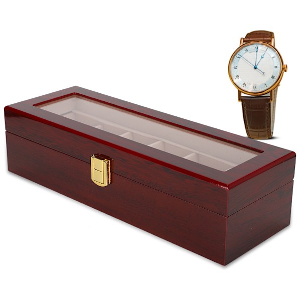 Trä 6 Grid Watch Display Box Transparent fönster Watch förvaringsbox (röd)