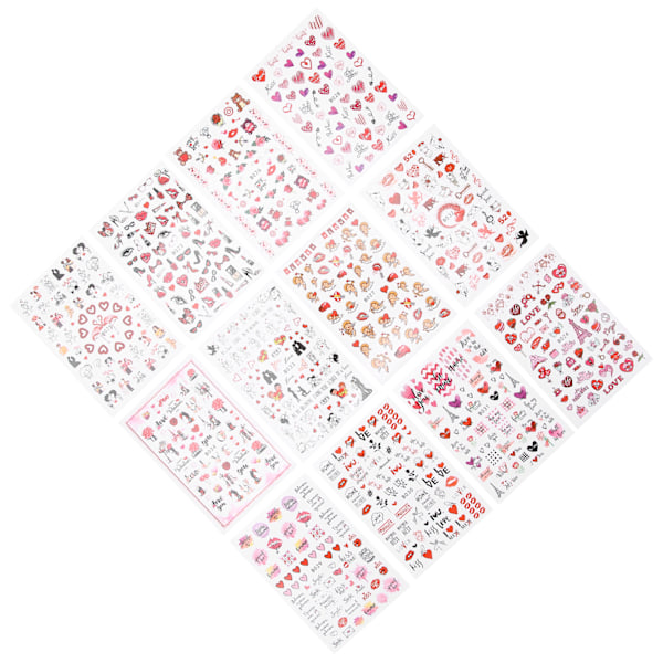 12 ark Valentinsdag Nail Art Stickers Røde læber Hjerteform Negledekoration dekoration