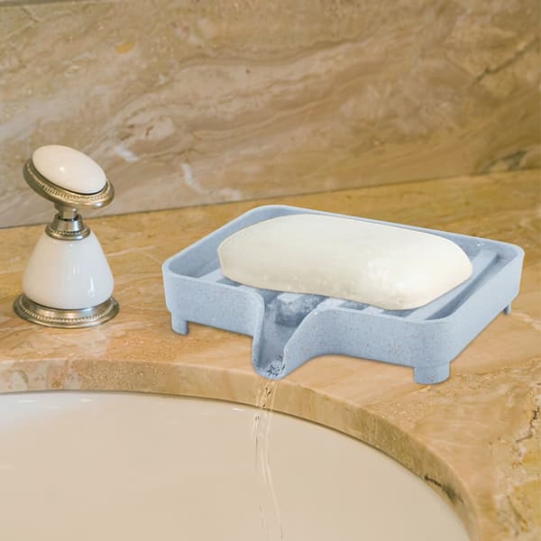 Wheat Straw Soap Sponge Drainage Storage Box Holder Bathroom Kitchen (Blue)