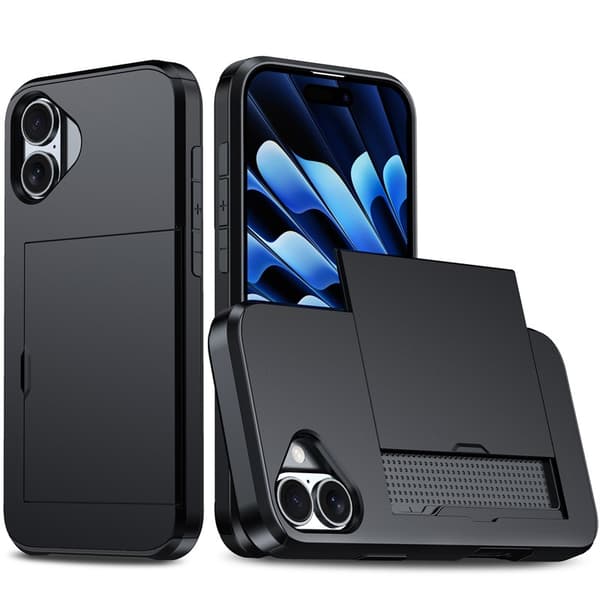 Etui til iPhone 17, stødsikkert beskyttelsesetui med kortholder, Sort