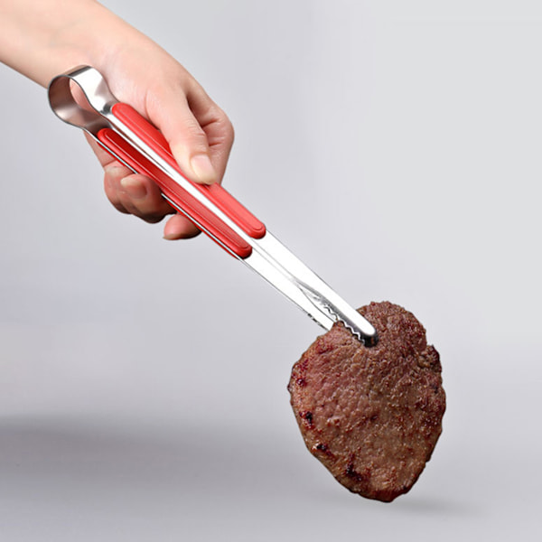 Köksmatlagningstång i rostfritt stål Lätt att rengöra tänder Munbiffklämma för BBQ-mat 25,5 cm Röd