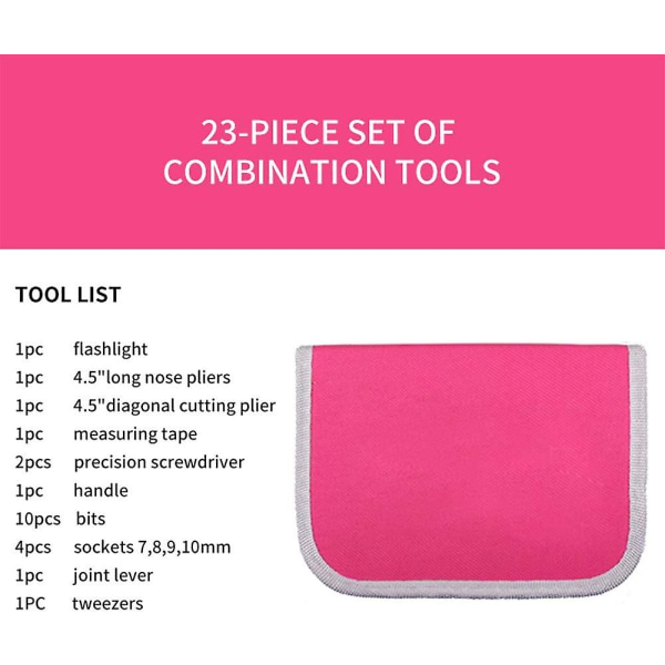 Rosa verktøysett i 23 deler for kvinner med oppbevaringsveske i rosa nylon for gjør-det-selv og hjemmereparasjoner