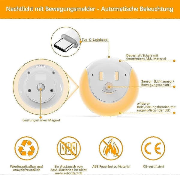 LED Natlampe med Bevægelsessensor - USB Genopladelig - 3 Tilstande (Til/Fra/Auto) - Lampe [2 Dele] Ny Model 5 5 5