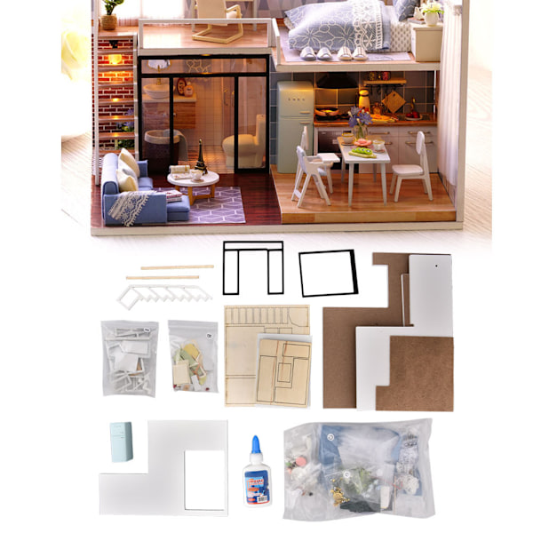 DIY Miniatyr Modern Byggnadsmodell Trähus Montering Dockhus Kit Leksak Present