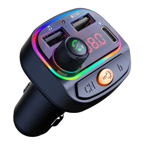 USB C billaddare BT FM-laddare Färgglad bakgrundsbelyst handsfree-samtal Musikspelare med dubbla USB portar, modell: svart