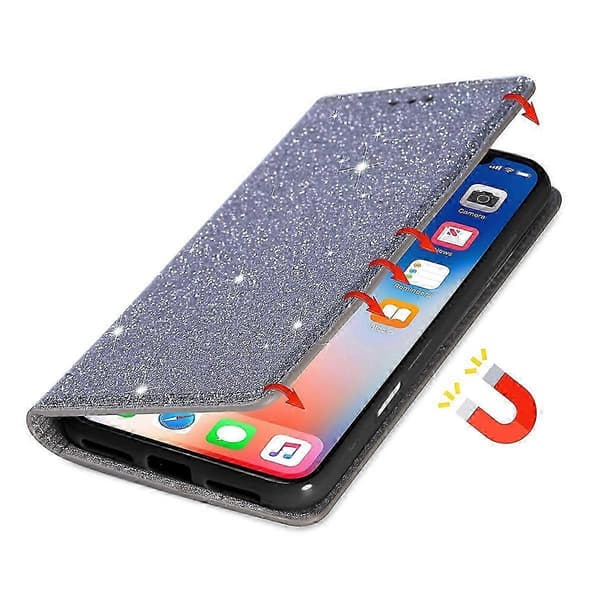 Cover til iPhone 16 Plus, glitrende PU-læder + TPU med kortholder - Rosa Grey