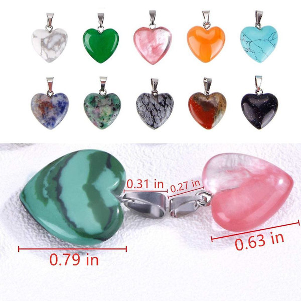 Hjerteformede steinanheng Crystal Stones Beads Lucky Charm Halskjede anheng 20 stk i 2 størrelser