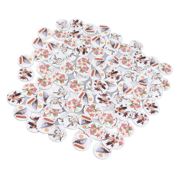100 stk Blandet Trykk Treknapper 2 Hull Runde Dekorative Treknapper for Søm DIY Håndverk Tegneserie Trykk Fugl
