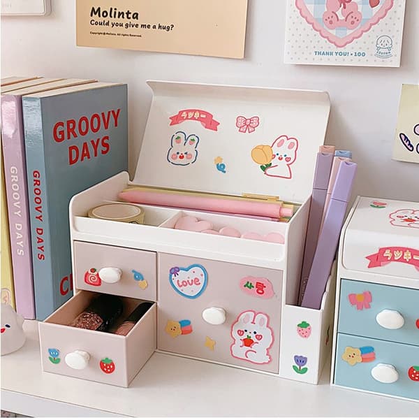 Desktop Storage Box Cute Plastic Box Desktop Storage Box Large Capacity Cosmetic Box for Office Home Light Pink