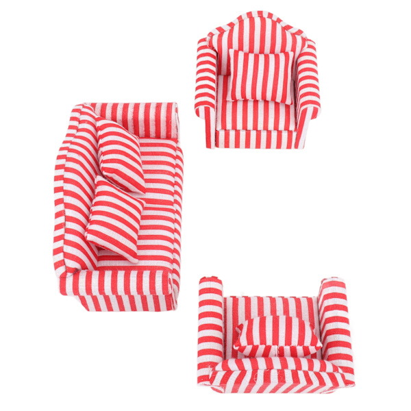 3 stk Dukkehussofa Sett Furutrekk Dobbelsofa 2 Enkelsofa Lys Farge Stripe Miniatyr Sofa for 1:12 Dukkehjem Rød