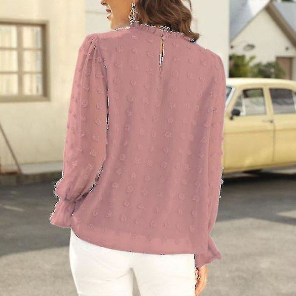 Rosa Chiffon volang hals blus | Långärmad casual pullover toppar