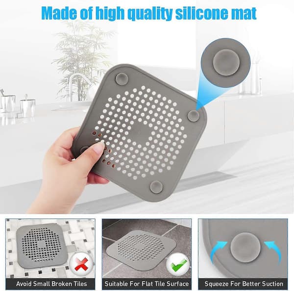 Fyrkantigt duschavloppsskydd 5,7" TPR platt silikonplugg filter duschavloppsskydd platt filterplugg med sugkopp (grå)