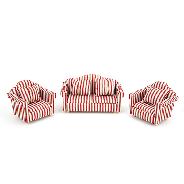 1:12 Mini Dukkehus Dekorasjon Oransje Rød Gull Stripete 3-delt Sofa med 4 Puter