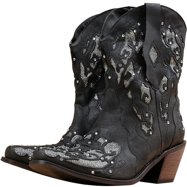 Kvinders glitter krystalbelagte Cowgirl-støvler Firkantetå Westernstøvler med tyk hæl