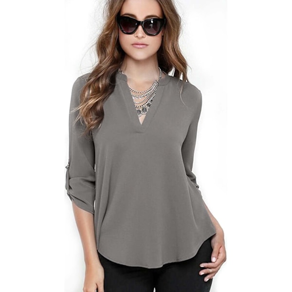 V-hals Chiffon Bluse Skjorte til Kvinder i Grå XL