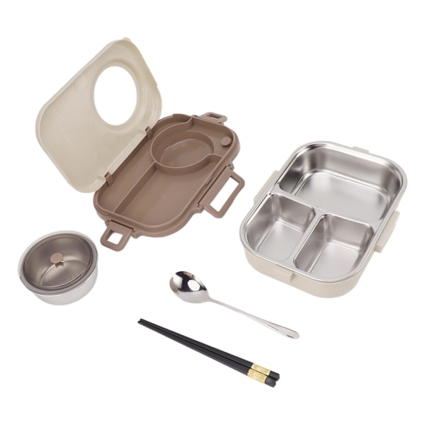 Lunchlåda i rostfritt stål med soppskål Sked Ätpinnar Beige Läcksäker Bärbar Bento Lunchlåda för Camping Picnic 3 Fack 1100ml