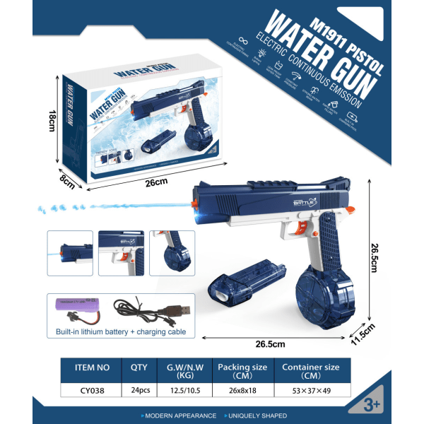 "Elektriske vannpistoler, automatiske sprøytepistoler Vannsokerpistolleke for barn og voksne, vannblåser for sommerbasseng CY038