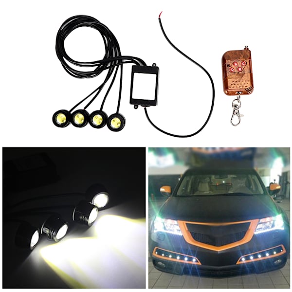 12V 6W 4-i-1 LED Eagle Eye Nødstrobelampe Trådløs DRL Fjernbetjening Dagkørelys 16 Blinktilstande
