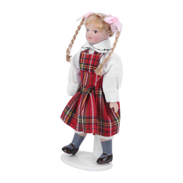 1:12 Nukkitalo Nukke Miniatyyri Posliini Pitkä Punottu Punainen Mekko Tyttö Mini Leikkikalu Nukke Malli Punainen