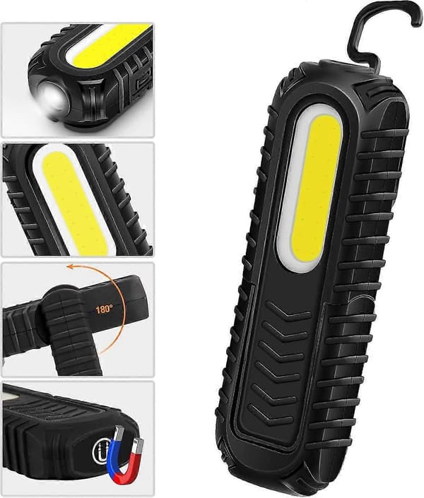 Genopladelig LED-arbejdslampe, 5w COB-frontlampe med LED-belysning, krog og magnetisk base