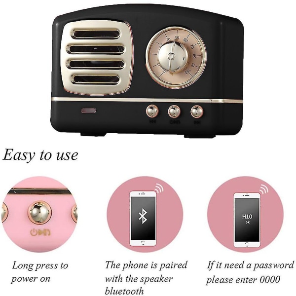 Bärbar Bluetooth Retro-högtalare, Trådlös Mini Vintage -högtalare med rik bas, Stereo, Inbyggd mikrofon för resor, hem, utomhus Black