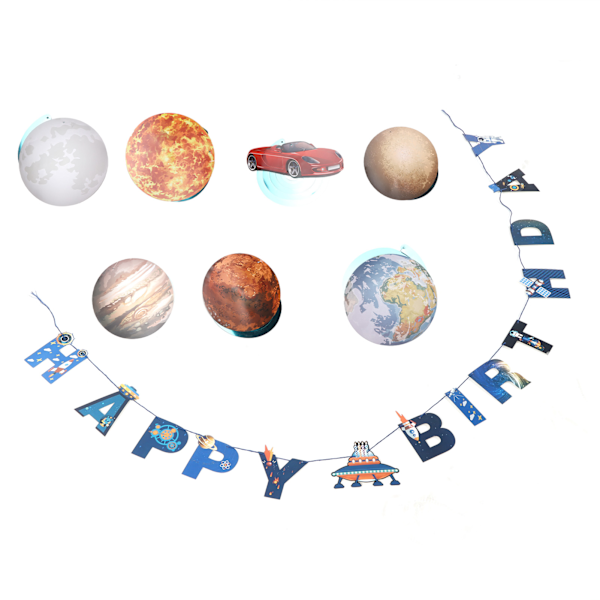 Rymd Födelsedagsflagga Astronaut Planet Spiral Banner Kostym för Partydekorationer Tårtinsats
