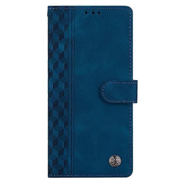 Kompatibelt med iPhone 16 Plus läderfodral präglad rutig plånboksfodral med stativ och vikbart lock Blue