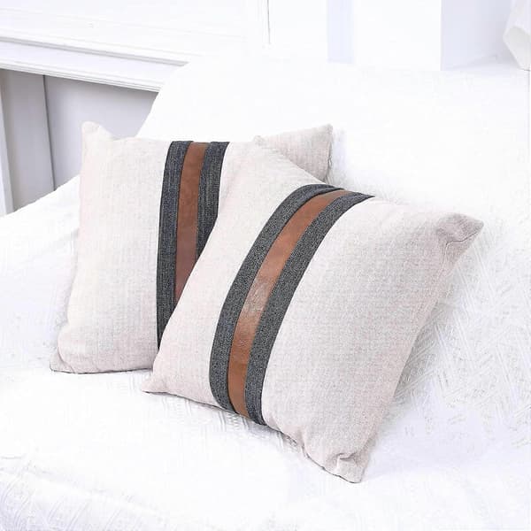 Sæt med 2 udendørs læderpudebetræk, beige patchwork, linned, brunt kunstlæder, pudebetræk til sofa, beige 30x30 cm