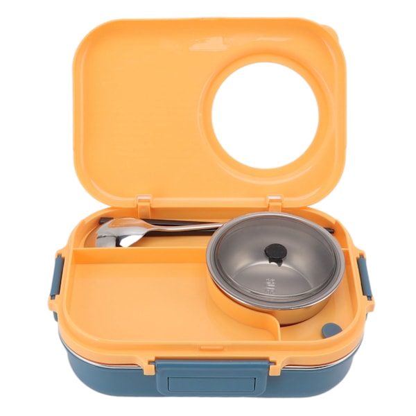 Termisk Matboks 1100ml Dobbeltlags 3 Rutenett Design 304 Rustfritt Stål Bentoboks med Pinner Sked Suppebolle Blå Gul