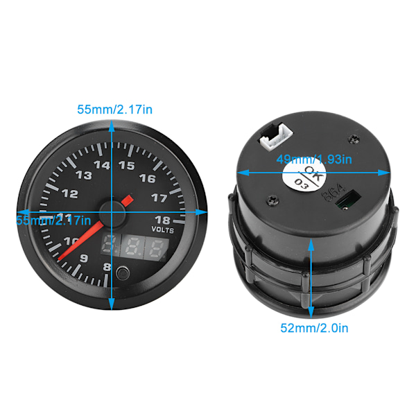2 tum 52 mm Bilmodifierad Voltmeter Spänningsmätare Peka Digital Display med Steppermotor