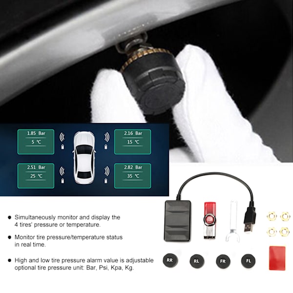 Bil USB Dæktryksovervågningssystem TPMS Overvågningsalarm med ekstern sensor til Android Navigation