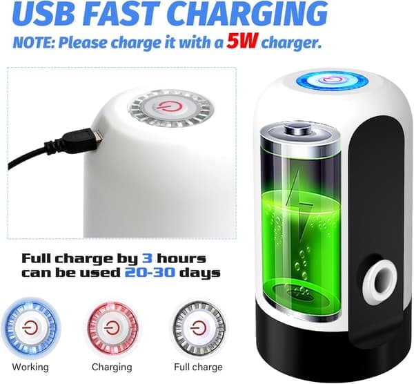 Elektrisk vattenpump USB-laddningsbar 20L/5min rostfritt munstycke Kompatibel med 19L flaskor