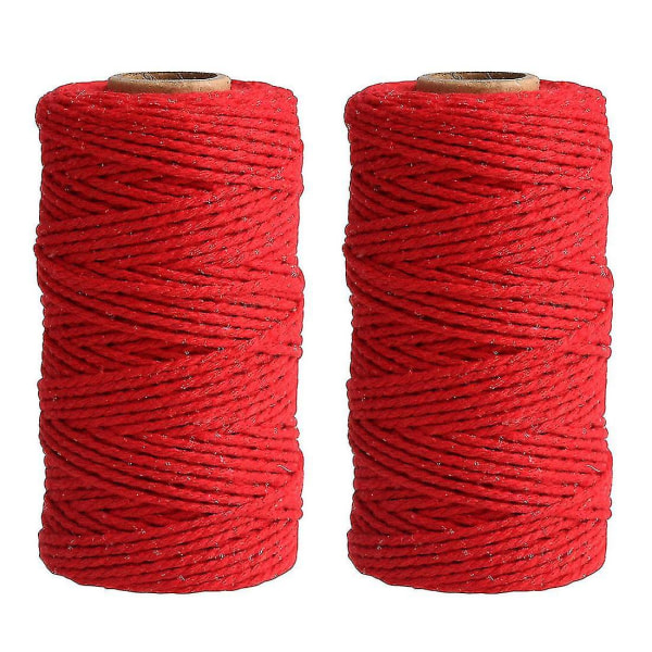 2 mm 100 m bomuldssnor 8-lags ensfarvet julepynt tråd til gør-det-selv-håndværk Gaveindpakning Red 2 Pack