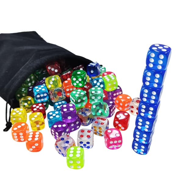 100 Pieces 16mm 6-Sided Dice Set Transparent Dice Set with Drawstring for Board Games and Teaching