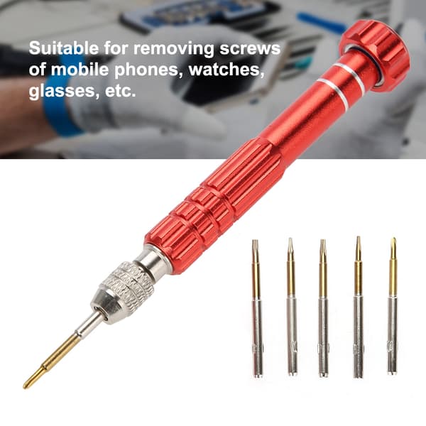 Screwdriver Handle with 5 Precision Bits Phone Glasses Watch Repair Tool Kit (Red)