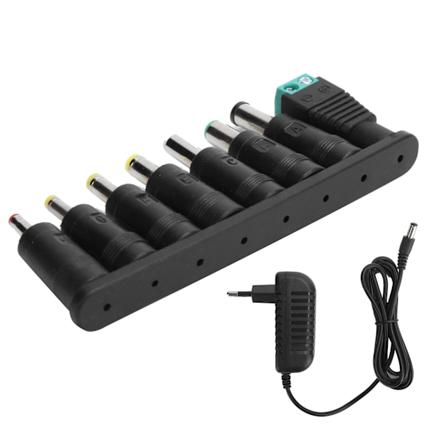 Nätadapter 12V 2A för LED-remsor, Växlande Laddare med 8 DC-Omvandlingspluggar, 100‑240VEU-kontakt