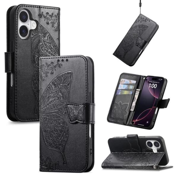 iPhone 17-deksel i lær med preget sommerfuglblomst Svart