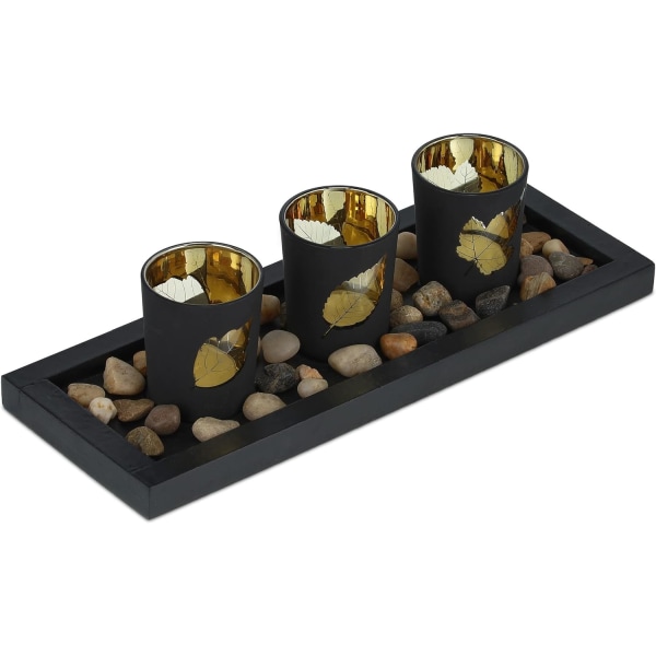 Värmeljushållare set med bricka & stenar, 30 cm lång, bordsdekoration vardagsrum, matsal, värmeljusglas, svart