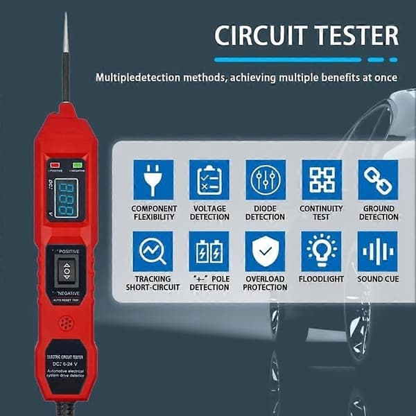 Virtapiirin koetin, 6V-24V DC autosulake- ja jännitetesteri LED-testivalolla, HD LCD-näyttö