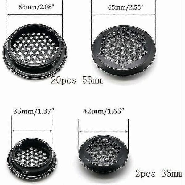 20 stk. runde ventilationsgitre i rustfrit stål Kompatibel med autocamper/badeværelse/køkken. Sort 53 mm