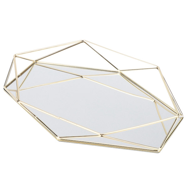 Badrum Sexangle Spegel Metall Guld Kosmetiska Smycken Förvaring Organizer Bricka Box Platta