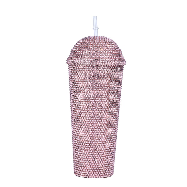 Handgjorda Rhinestones Tumbler Glitter Vattenflaska Sparkly Bottle Cup Dubbelvägg Bling Plast Tumbler Diamond Thermed Cup Pink