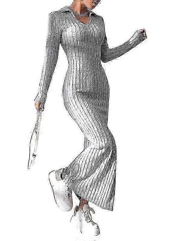 【LD】Dame Crewneck Pullover Genser Kjole Slim Fit Strikkede Bodycon Kjoler Grey M