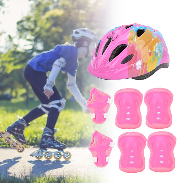 7 st Skyddsutrustning för skridskocykel för barn Säkerhetshjälm Knä Armbåge Handledsskydd Rosa färgglada barn