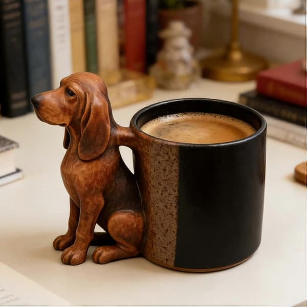 Långörad hundkaffemugg - Hundformad dryckesmugg, resemuggar, keramisk bordsmugg med innerfoder i rostfritt stål Kompatibel med hemmet long-eared dog
